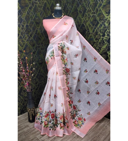 Women's Cotton Linen Woven Design Saree With Unstitched Blouse 5.5Mtr (Peach)