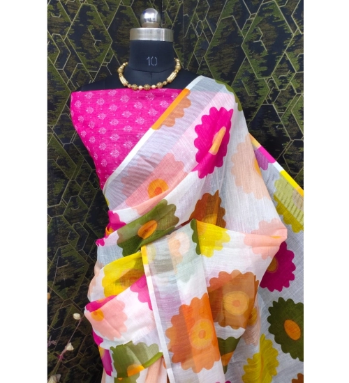 Women's Cotton Linen Woven Design Saree With Unstitched Blouse 5.5Mtr (Pink)