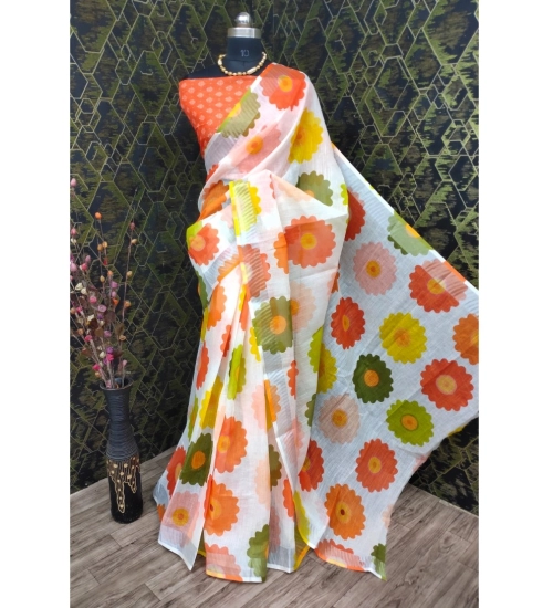 Women's Cotton Linen Woven Design Saree With Unstitched Blouse 5.5Mtr (Orange)