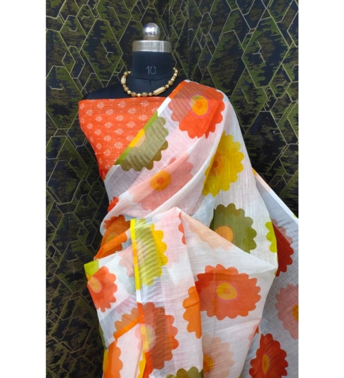 Women's Cotton Linen Woven Design Saree With Unstitched Blouse 5.5Mtr (Orange)