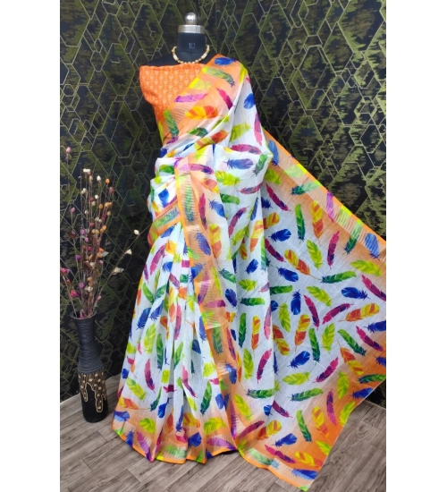 Women's Cotton Linen Woven Design Saree With Unstitched Blouse 5.5Mtr (Orange)