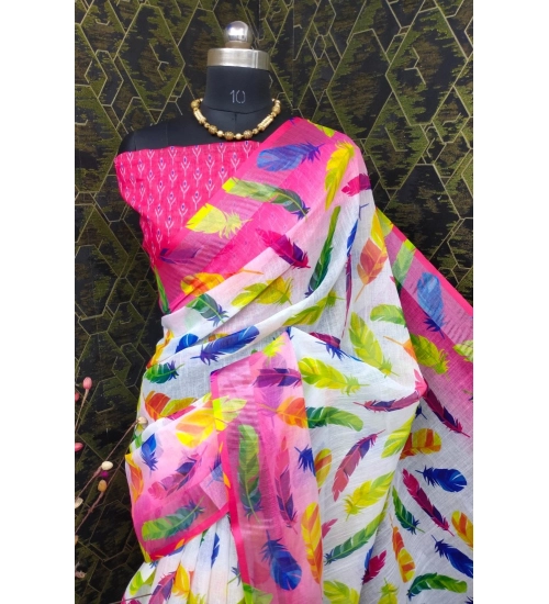 Women's Cotton Linen Woven Design Saree With Unstitched Blouse 5.5Mtr (Pink)