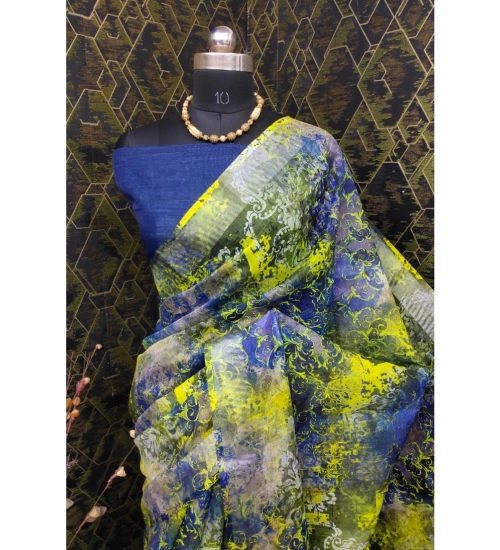 Women's Cotton Linen Woven Design Saree With Unstitched Blouse 5.5Mtr (Blue)