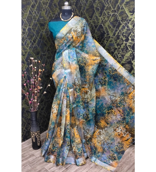 Women's Cotton Linen Woven Design Saree With Unstitched Blouse 5.5Mtr (Multicolor)