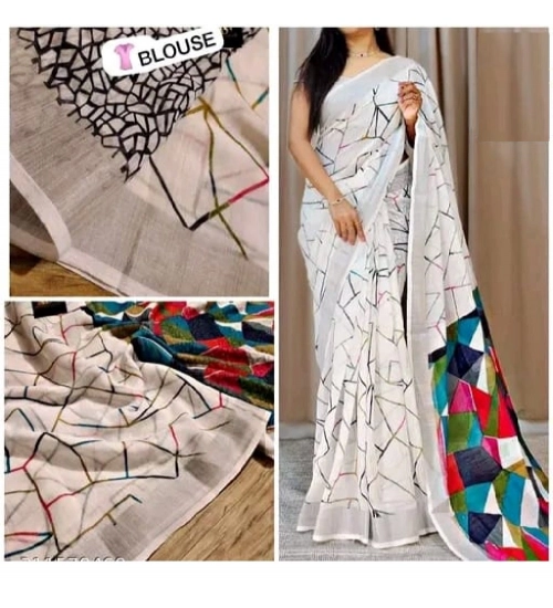 Women's Cotton Linen Printed Saree With Unstitched Blouse 5.5Mtr (White)