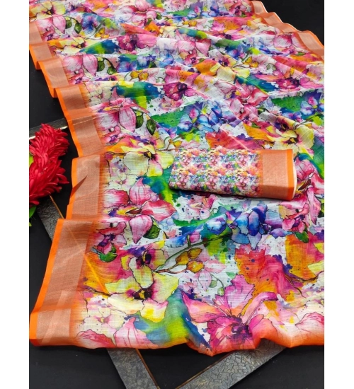 Women's Cotton Linen Printed Saree With Unstitched Blouse 5.5Mtr (Orange)