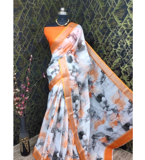 Women's Cotton Linen Woven Design Saree With Unstitched Blouse 5.5Mtr (Orange)