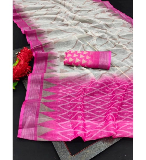 Women's Cotton Linen Woven Design Saree With Unstitched Blouse 5.5Mtr (Pink)