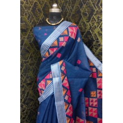 Women's Cotton Linen Digital Print Saree With Unstitched Blouse 5.5Mtr (Blue)