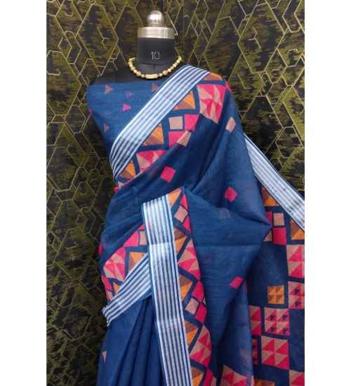 Women's Cotton Linen Digital Print Saree With Unstitched Blouse 5.5Mtr (Blue)