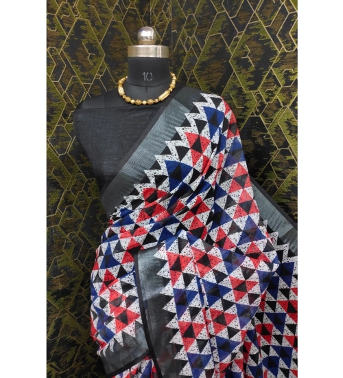 Women's Cotton Linen Printed Saree With Unstitched Blouse 5.5Mtr (Black)