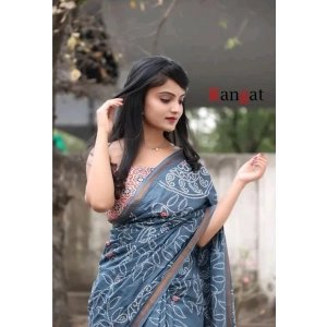 Generic Women's Cotton Linen Printed Saree With Unstitched Blouse 5.5Mtr (Grey)