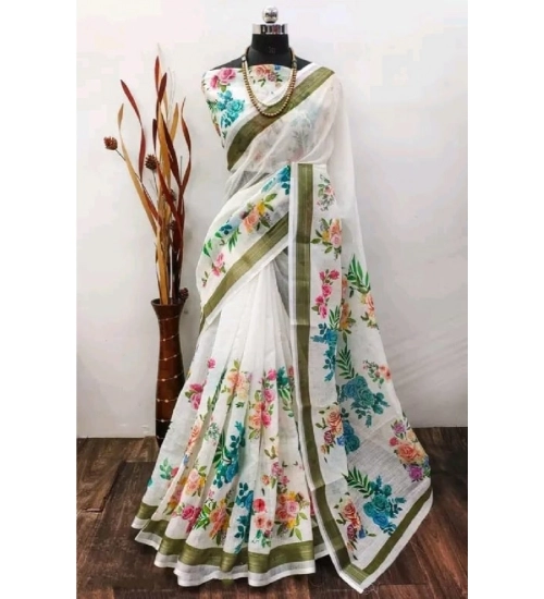 Women's Cotton Linen Printed Saree With Unstitched Blouse 5.5Mtr (Multicolor)
