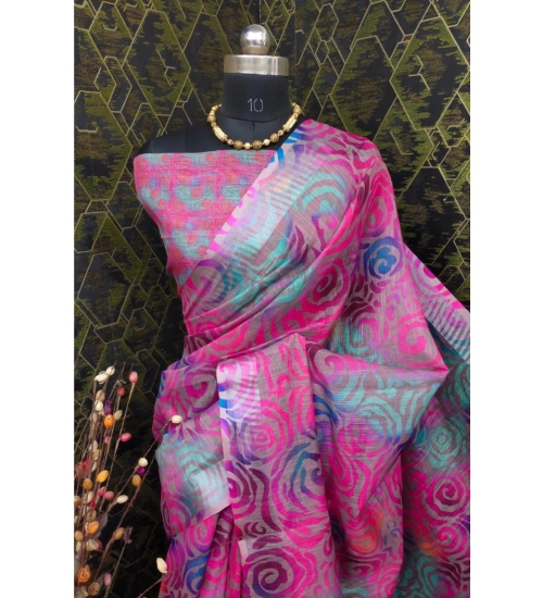 Women's Cotton Linen Woven Design Saree With Unstitched Blouse 5.5Mtr (Pink)