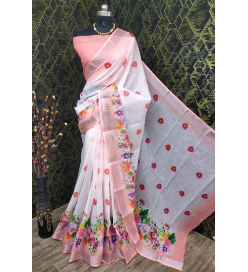 Women's Cotton Linen Woven Design Saree With Unstitched Blouse 5.5Mtr (Peach)