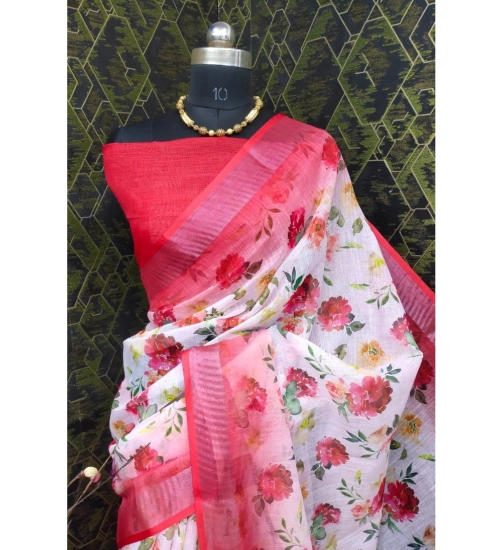 Women's Cotton Linen Woven Design Saree With Unstitched Blouse 5.5Mtr (Red)