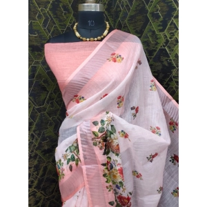 Generic Women's Cotton Linen Woven Design Saree With Unstitched Blouse 5.5Mtr (Peach)