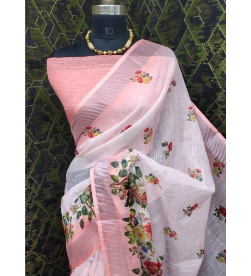 Women's Cotton Linen Woven Design Saree With Unstitched Blouse 5.5Mtr (Peach)