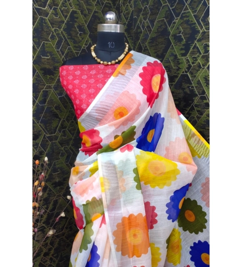 Women's Cotton Linen Woven Design Saree With Unstitched Blouse 5.5Mtr (Red)