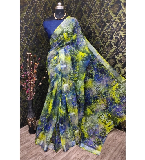 Women's Cotton Linen Woven Design Saree With Unstitched Blouse 5.5Mtr (Blue)