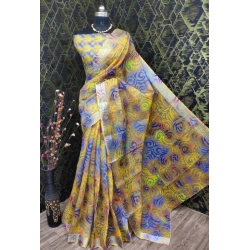Women's Cotton Linen Woven Design Saree With Unstitched Blouse 5.5Mtr (Yellow)