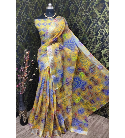 Women's Cotton Linen Woven Design Saree With Unstitched Blouse 5.5Mtr (Yellow)