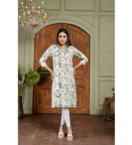 Women's Cotton Blended Printed 3/4th Sleeve Collar Neck Kurti (Green)