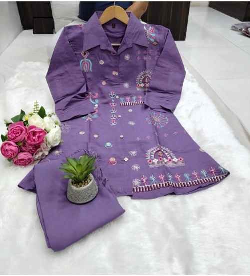 Women's Roman Silk Embroidered 3/4th Sleeve Collar Neck Co-Ord Set (Purple)