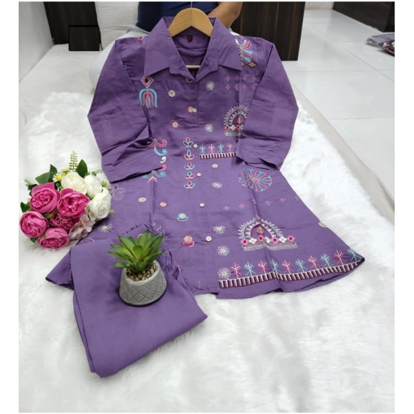 Dropship Women's Roman Silk Embroidered 3/4th Sleeve Collar Neck Co-Ord Set (Purple)