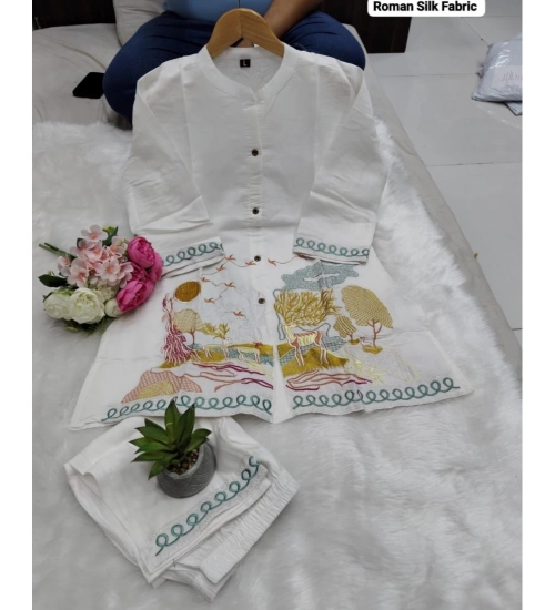 Women's Silk Embroidered 3/4th Sleeve Collar Neck Co-Ord Set (White)