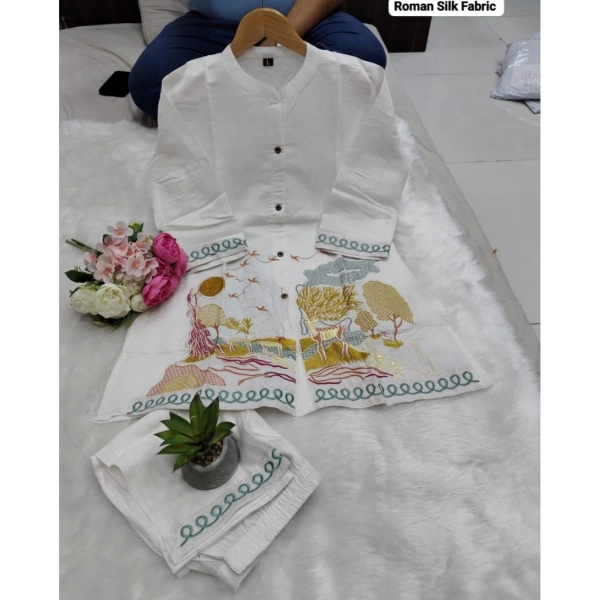 Dropship Women's Silk Embroidered 3/4th Sleeve Collar Neck Co-Ord Set (White)