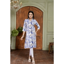 Women's Cotton Blended Printed 3/4th Sleeve Collar Neck Kurti (Blue)