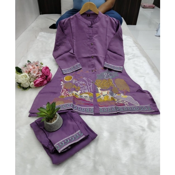 Dropship Women's Silk Embroidered 3/4th Sleeve Collar Neck Co-Ord Set (Purple)