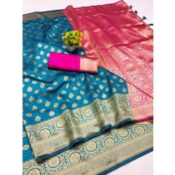 Women's Banarasi Silk Printed Saree With Unstitched Blouse 5.5Mtr (Blue)