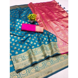 Generic Women's Banarasi Silk Printed Saree With Unstitched Blouse 5.5Mtr (Blue)