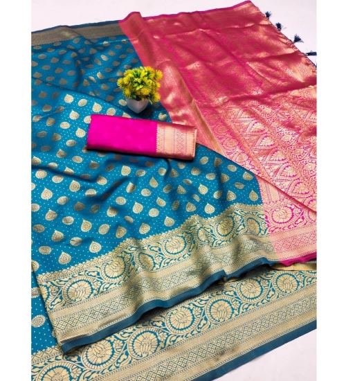 Women's Banarasi Silk Printed Saree With Unstitched Blouse 5.5Mtr (Blue)