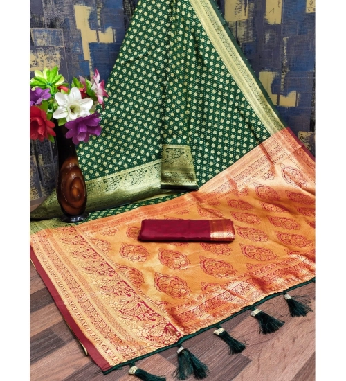 Women's Banarasi Silk Printed Saree With Unstitched Blouse 5.5Mtr (Green)