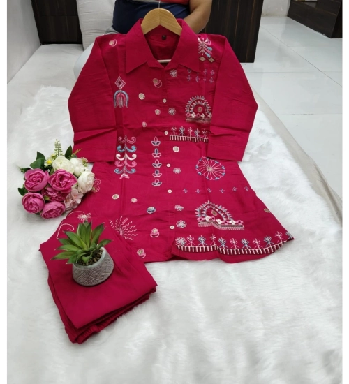 Women's Roman Silk Embroidered 3/4th Sleeve Collar Neck Co-Ord Set (Red)