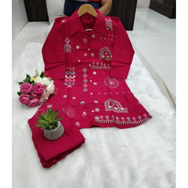 Dropship Women's Roman Silk Embroidered 3/4th Sleeve Collar Neck Co-Ord Set (Red)