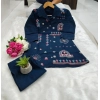 Dropship Women's Roman Silk Embroidered 3/4th Sleeve Collar Neck Co-Ord Set (Blue)
