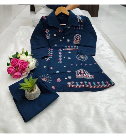 Women's Roman Silk Embroidered 3/4th Sleeve Collar Neck Co-Ord Set (Blue)