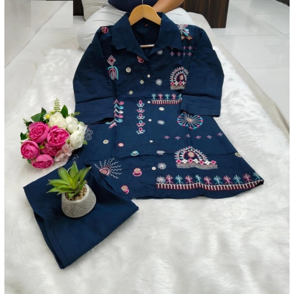 Dropship Women's Roman Silk Embroidered 3/4th Sleeve Collar Neck Co-Ord Set (Blue)