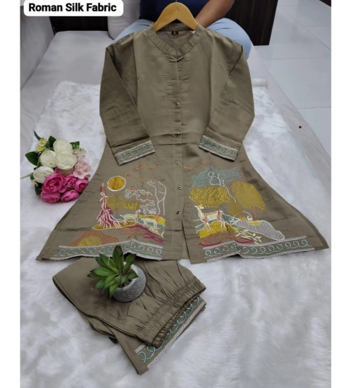 Women's Silk Embroidered 3/4th Sleeve Collar Neck Co-Ord Set (Grey)