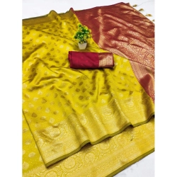 Women's Banarasi Silk Printed Saree With Unstitched Blouse 5.5Mtr (Yellow)