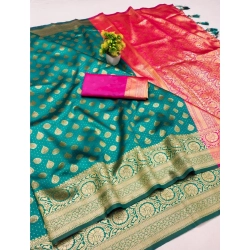 Women's Banarasi Silk Printed Saree With Unstitched Blouse 5.5Mtr (Green)