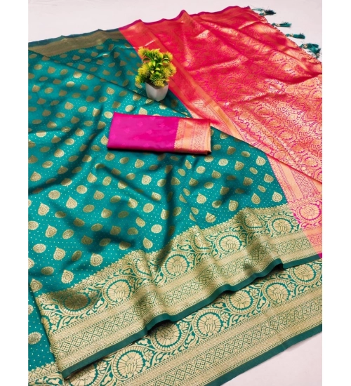 Women's Banarasi Silk Printed Saree With Unstitched Blouse 5.5Mtr (Green)