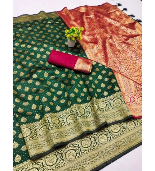 Women's Banarasi Silk Printed Saree With Unstitched Blouse 5.5Mtr (Green)