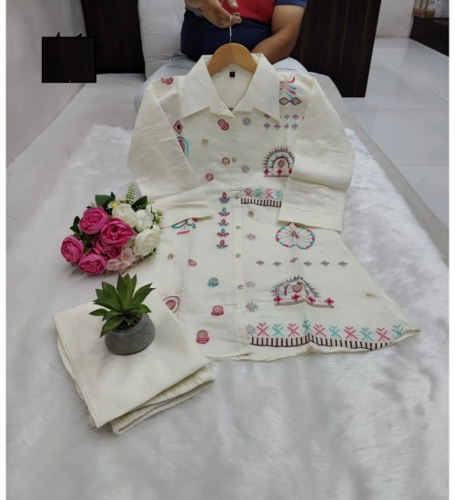 Women's Roman Silk Embroidered 3/4th Sleeve Collar Neck Co-Ord Set (White)