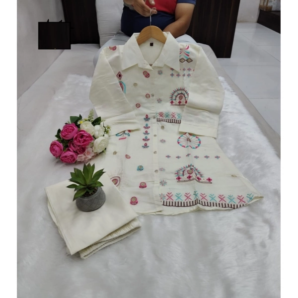 Dropship Women's Roman Silk Embroidered 3/4th Sleeve Collar Neck Co-Ord Set (White)