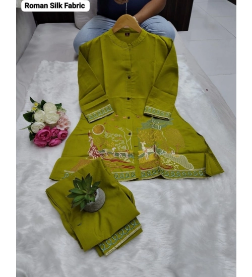 Women's Silk Embroidered 3/4th Sleeve Collar Neck Co-Ord Set (Green)